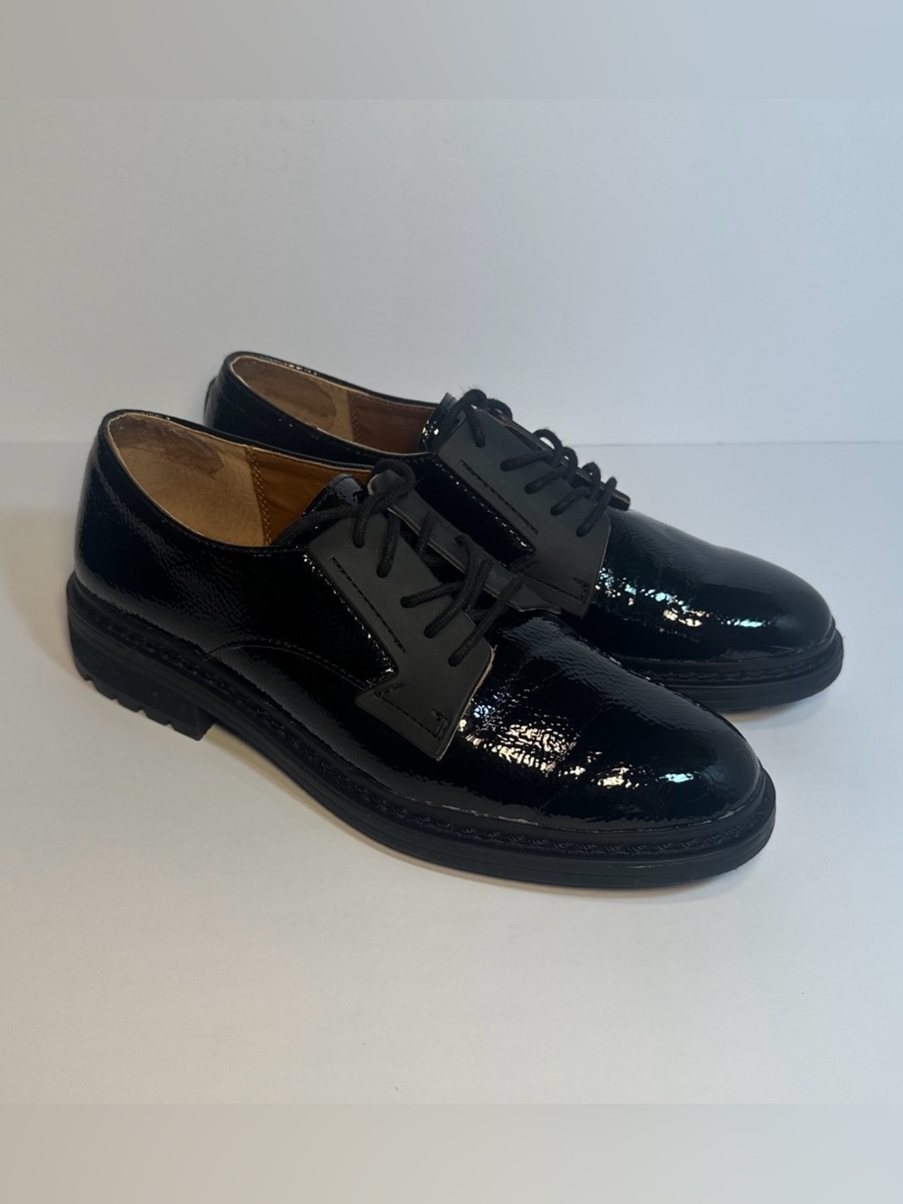 Franco Sarto Black Patent Leather Oxford Lace-up Shoes Preppy Womens Size 8